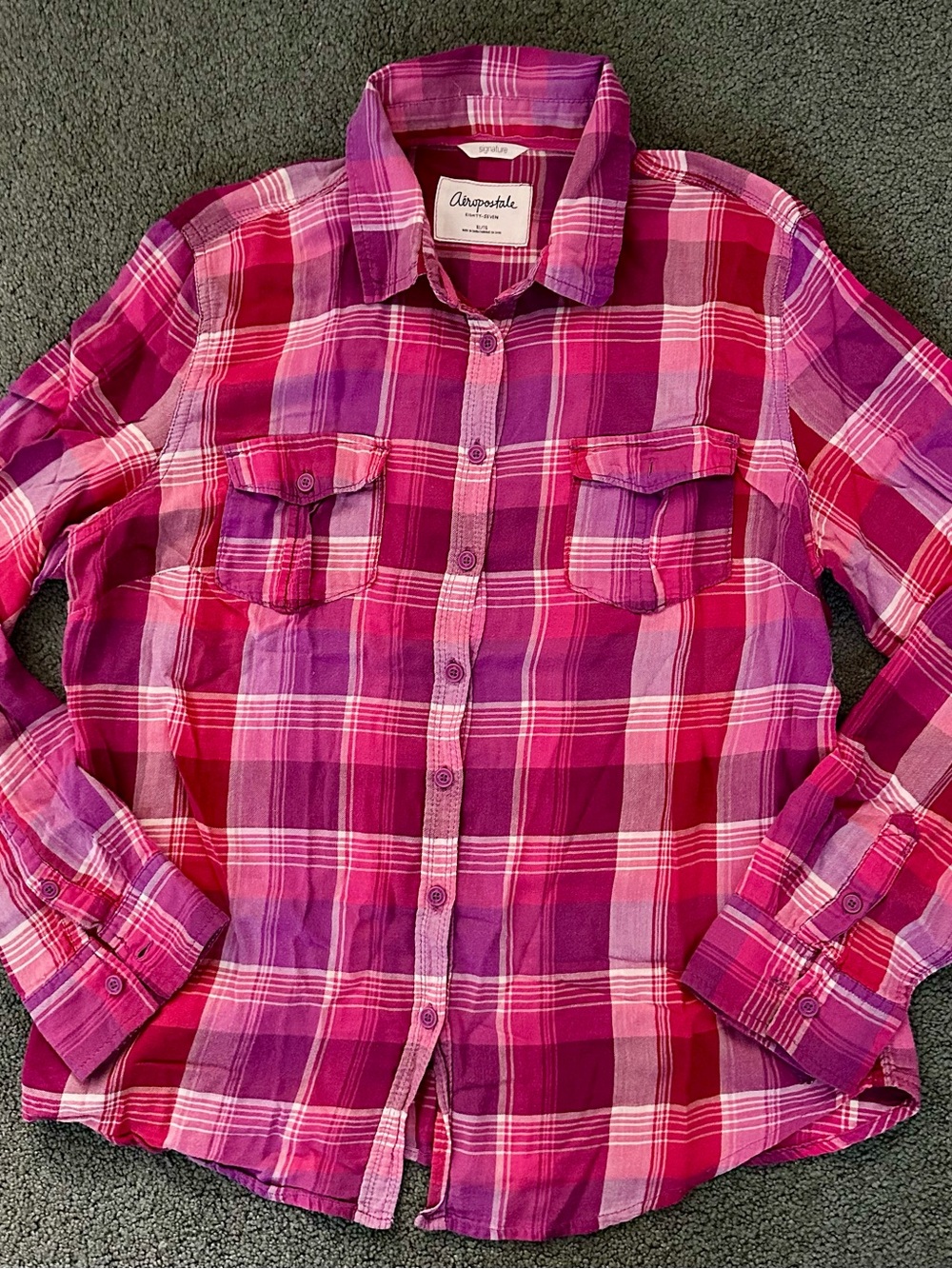 Aeropostale Pink and Purple Plaid Button-Up Shirt Size XL